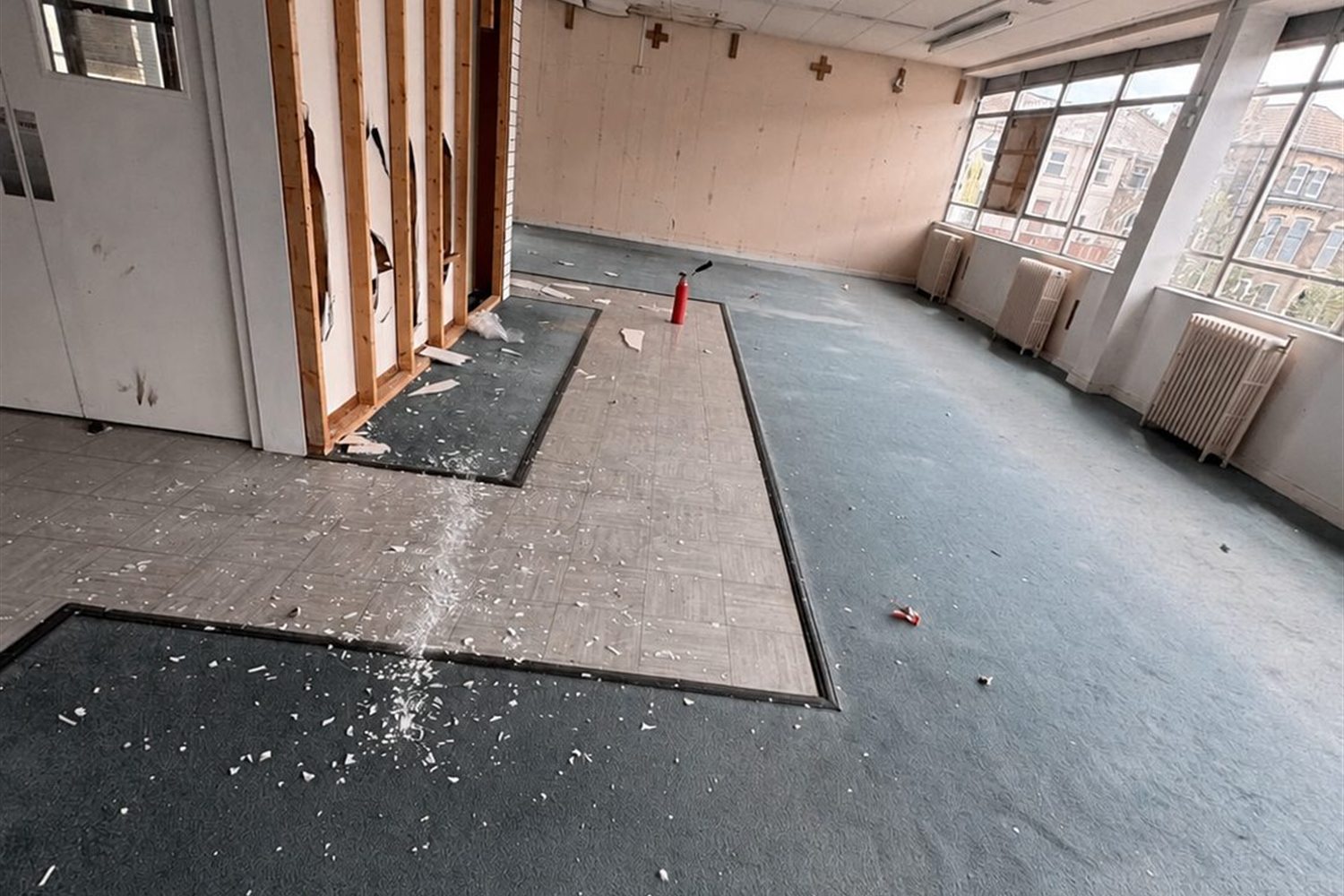 Broken glass and debris across the shop floor
